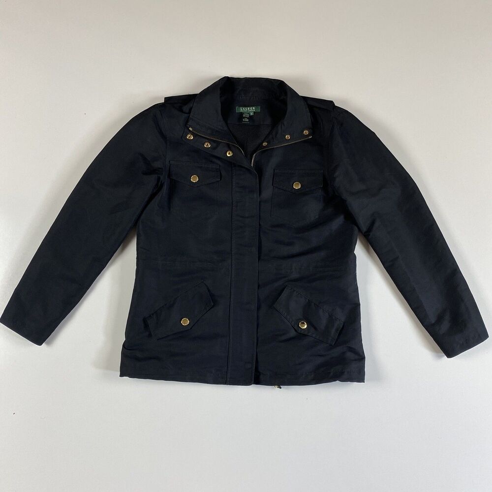 LAUREN RALPH LAUREN Full Zip Jacket BLACK w Gold Buttons Windbreaker Size Medium